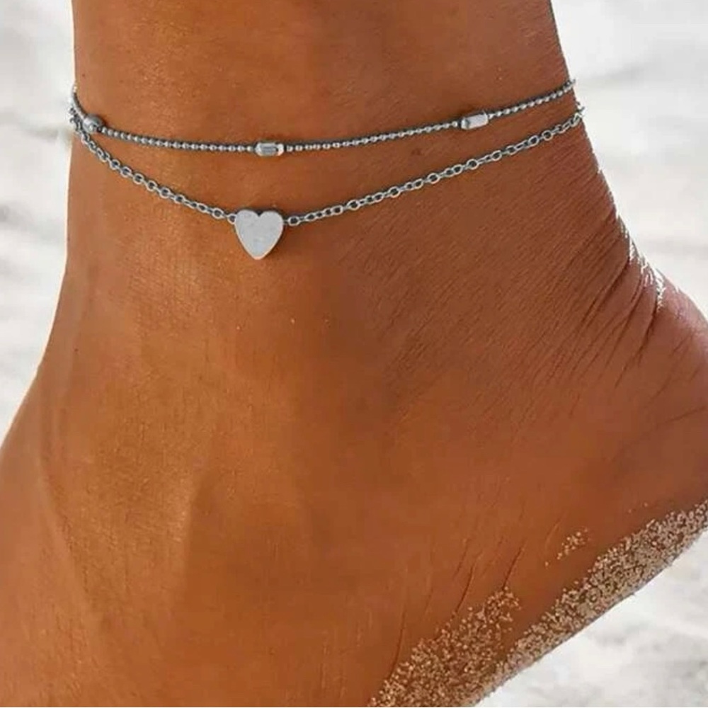 Silver Heart Layered Anklet